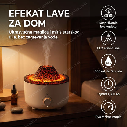 Difuzer sa efektom lave i narandžastim sjajem u zamračenoj spavaćoj sobi uveče