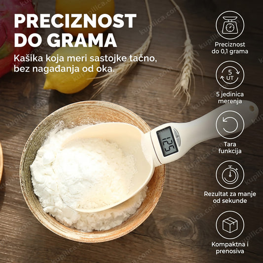 digitalna kašika za merenje sastojaka meri brašno u drvenoj posudi, benefiti proizvoda