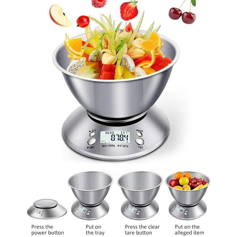 digitalna kuhinjska vaga inox do 5kg sa posudom punom voća