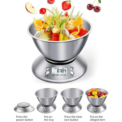 digitalna kuhinjska vaga inox do 5kg sa posudom punom voća