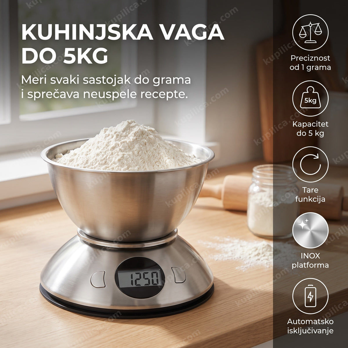 Digitalna kuhinjska vaga inox sa činijom brašna na kuhinjskom stolu