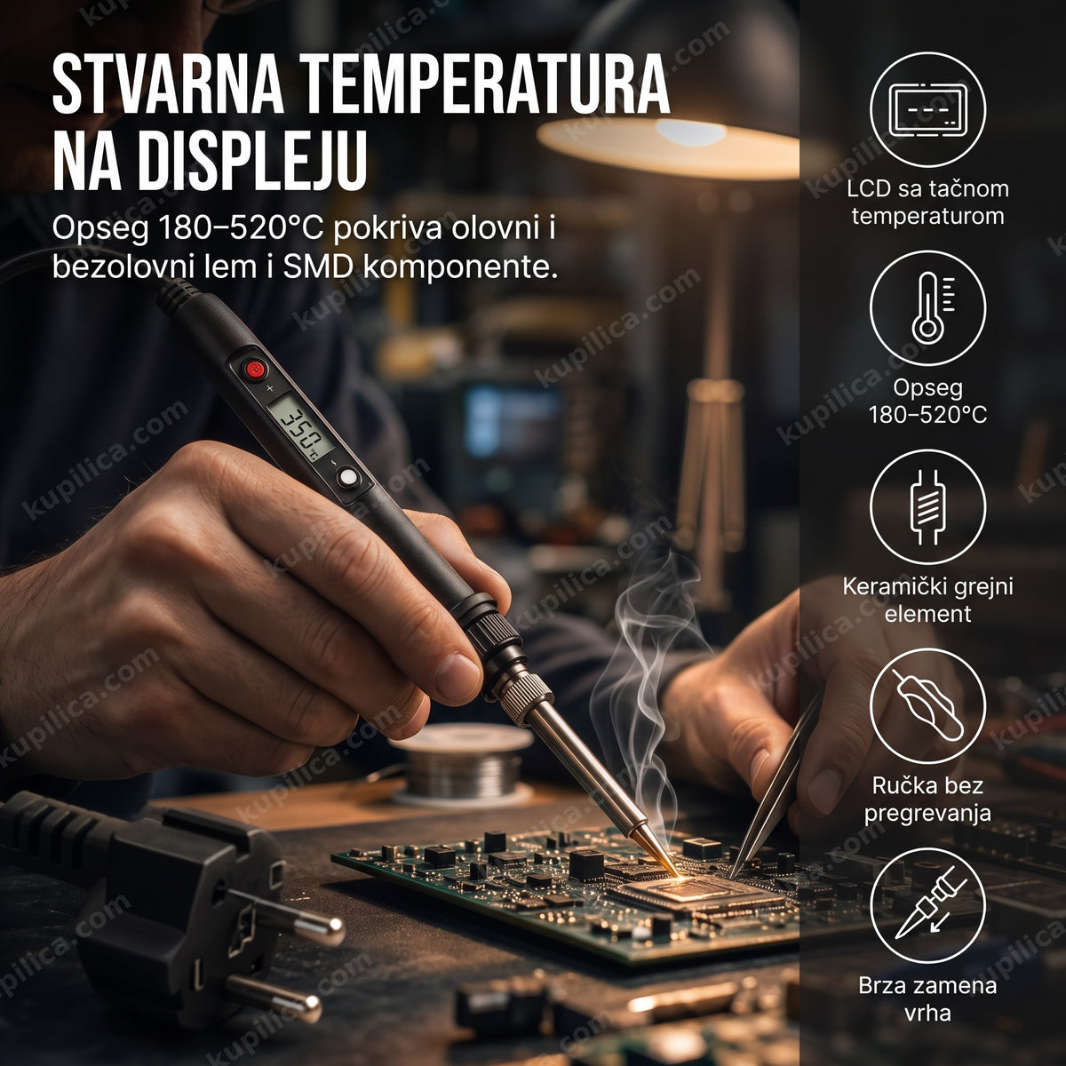 digitalna lemilica sa LCD displejem lemi elektronsku ploču na radnom stolu, benefiti proizvoda