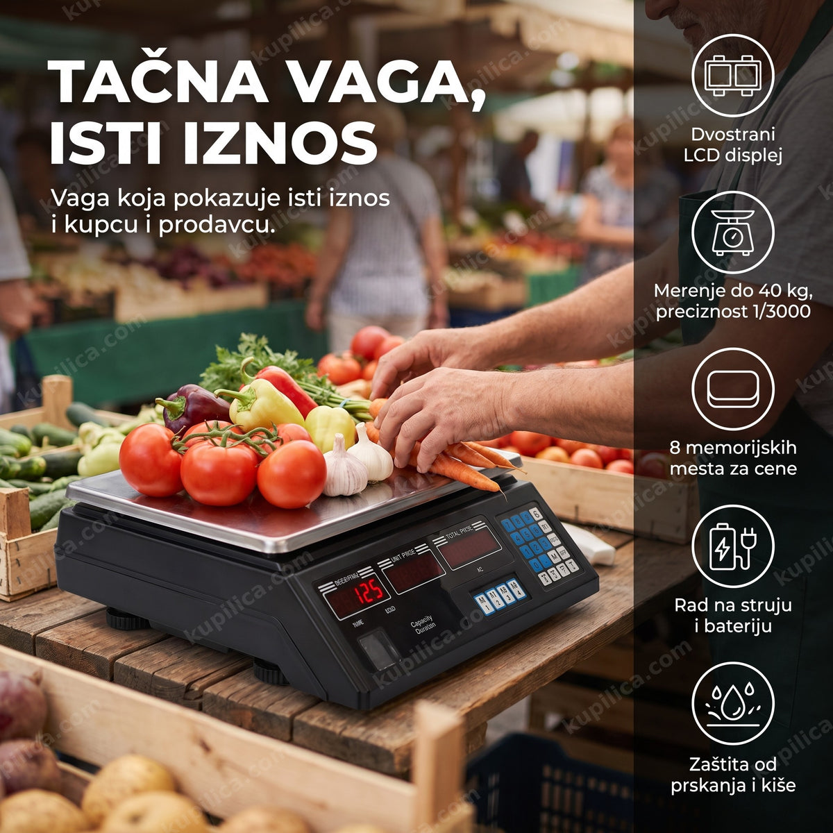 digitalna pijačna vaga sa voćem i povrćem na pijačnom štandu, prikaz benefita proizvoda
