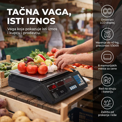 digitalna pijačna vaga sa voćem i povrćem na pijačnom štandu, prikaz benefita proizvoda