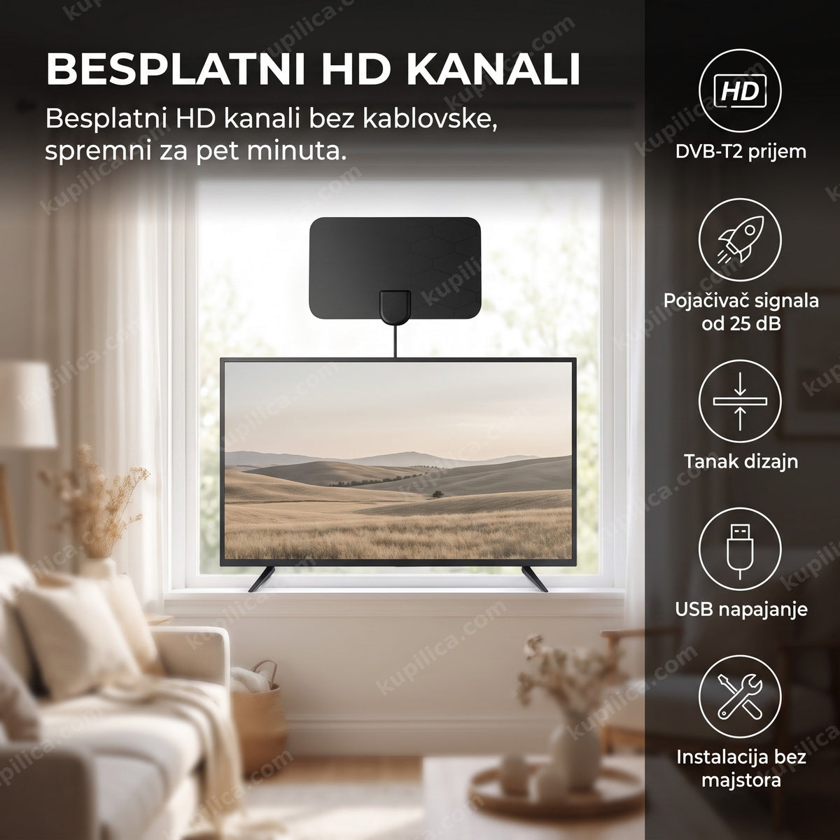 digitalna sobna antena na prozoru iznad televizora, benefiti proizvoda