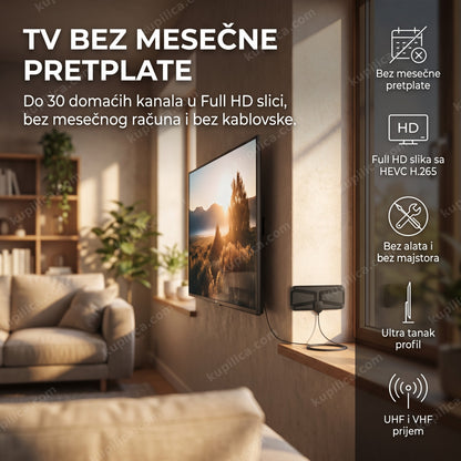 digitalna tv antena dvb-t2 full hdtv ispred televizora u dnevnoj sobi, benefiti proizvoda