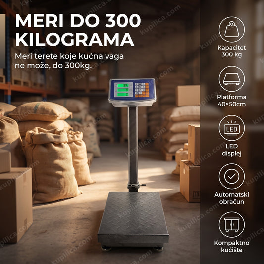 digitalna vaga 300kg u magacinu pored džakova sa prikazom benefita proizvoda