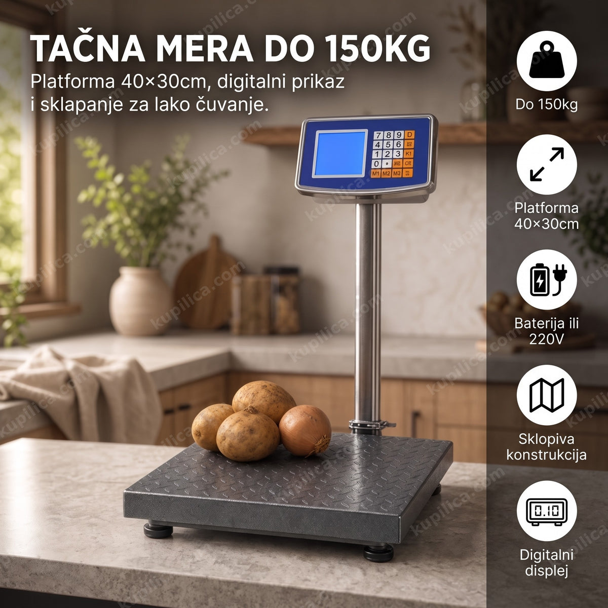 digitalna vaga do 150kg — sklopiva platforma na kuhinjskom pultu