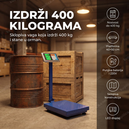 digitalna vaga do 400kg u skladištu pored bureta sa prikazom benefita proizvoda