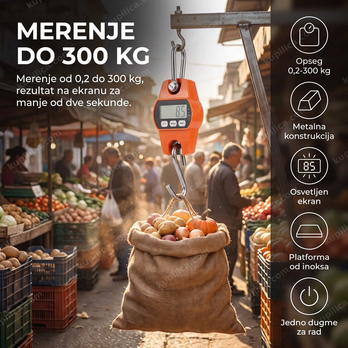 Digitalna vaga kantar 300kg meri džak na kuki, osvetljen ekran prikazuje težinu