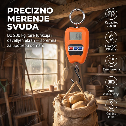 digitalna viseća vaga do 200kg — kantar okačen o gredu sa vrećom krompira