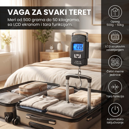 digitalna viseća vaga okačena o dršku kofera sa LCD prikazom težine, benefiti proizvoda