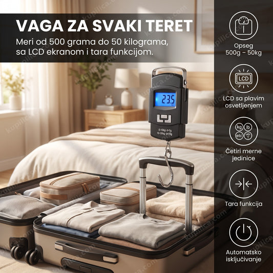 digitalna viseća vaga okačena o dršku kofera sa LCD prikazom težine, benefiti proizvoda