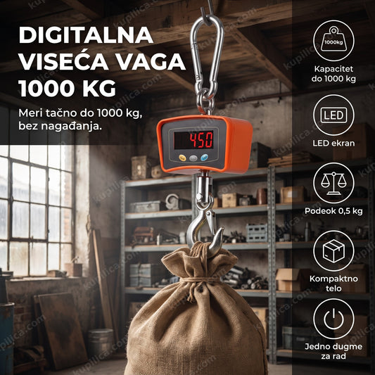 Digitalna viseća vaga okačena o gredu drži teret u magacinu