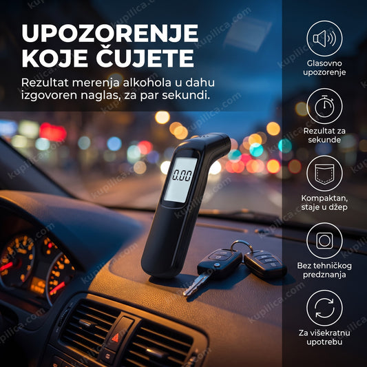 digitalni alkotester sa glasovnim upozorenjem na tabli automobila noću