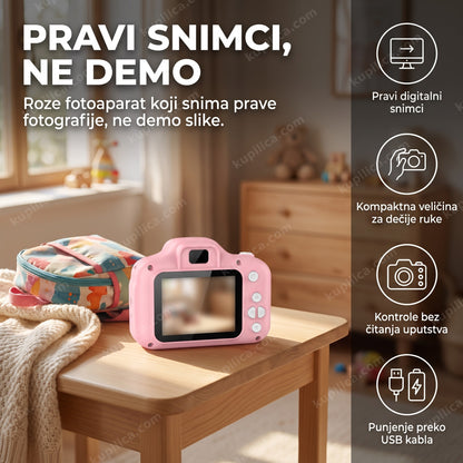 digitalni fotoaparat za decu roze na stolu u dečijoj sobi, benefiti proizvoda