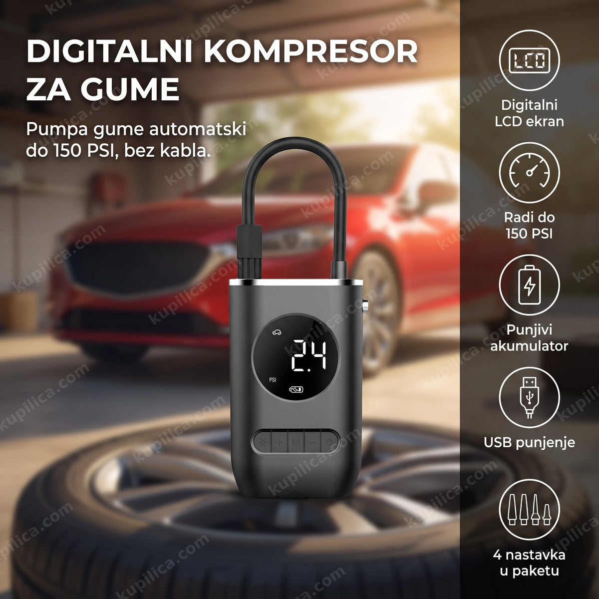 prenosivi digitalni kompresor za gume pored automobila u garaži, prikaz benefiti proizvoda