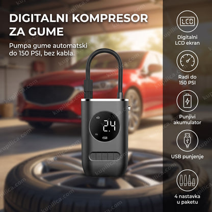 prenosivi digitalni kompresor za gume pored automobila u garaži, prikaz benefiti proizvoda