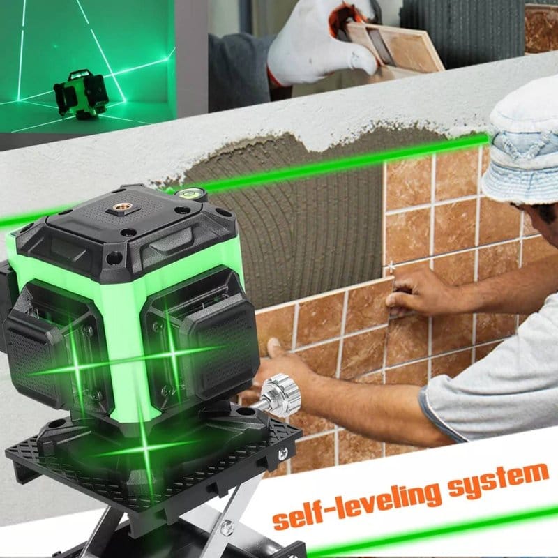 digitalni laser za nivelaciju 4D 16 linija tokom postavljanja pločica na zid uz zelenu horizontalnu liniju