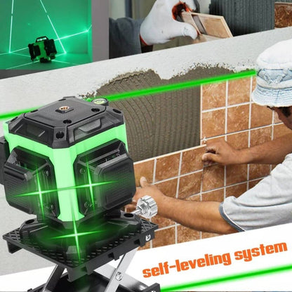 digitalni laser za nivelaciju 4D 16 linija tokom postavljanja pločica na zid uz zelenu horizontalnu liniju
