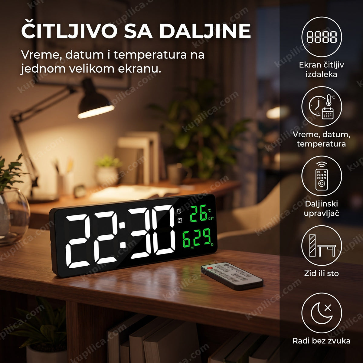 Digitalni LED sat prikazuje vreme i temperaturu na radnom stolu, prikaz benefiti proizvoda