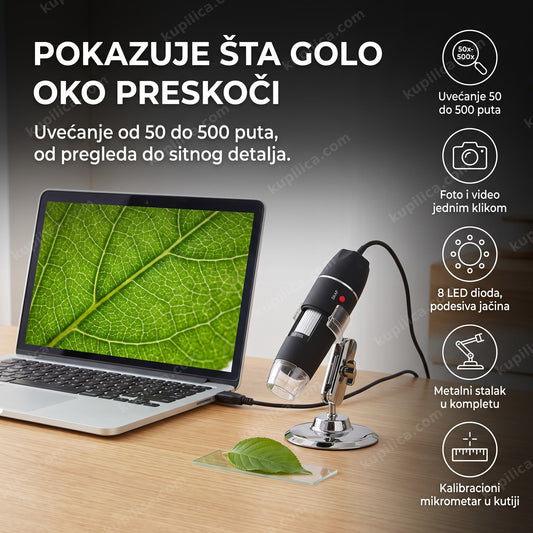 digitalni mikroskop usb na stolu sa uvećanom slikom lista na ekranu laptopa, benefiti proizvoda