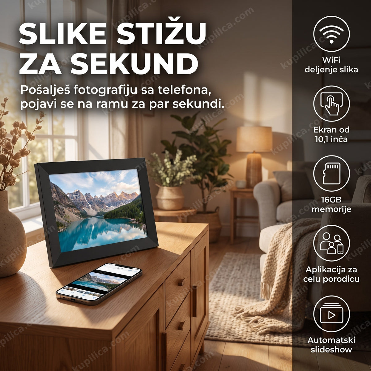 digitalni ram za slike sa wifi na komodi u dnevnoj sobi, benefiti proizvoda