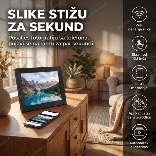 digitalni ram za slike sa wifi na komodi u dnevnoj sobi, benefiti proizvoda