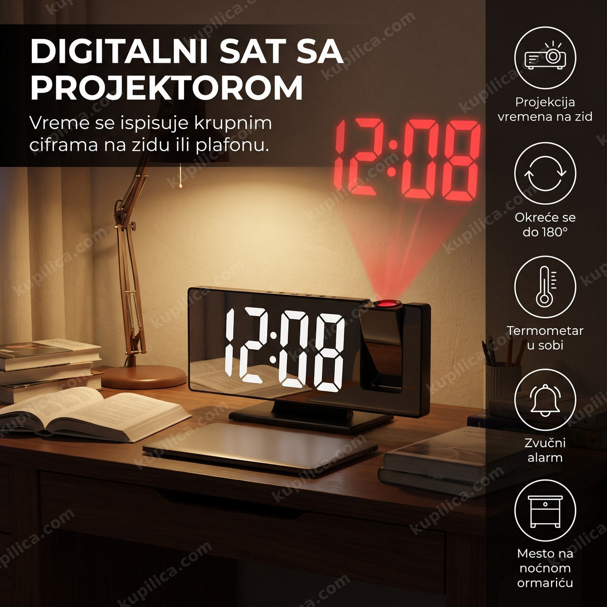 Digitalni sat sa projektorom prikazuje vreme na zidu iznad radnog stola, benefiti proizvoda