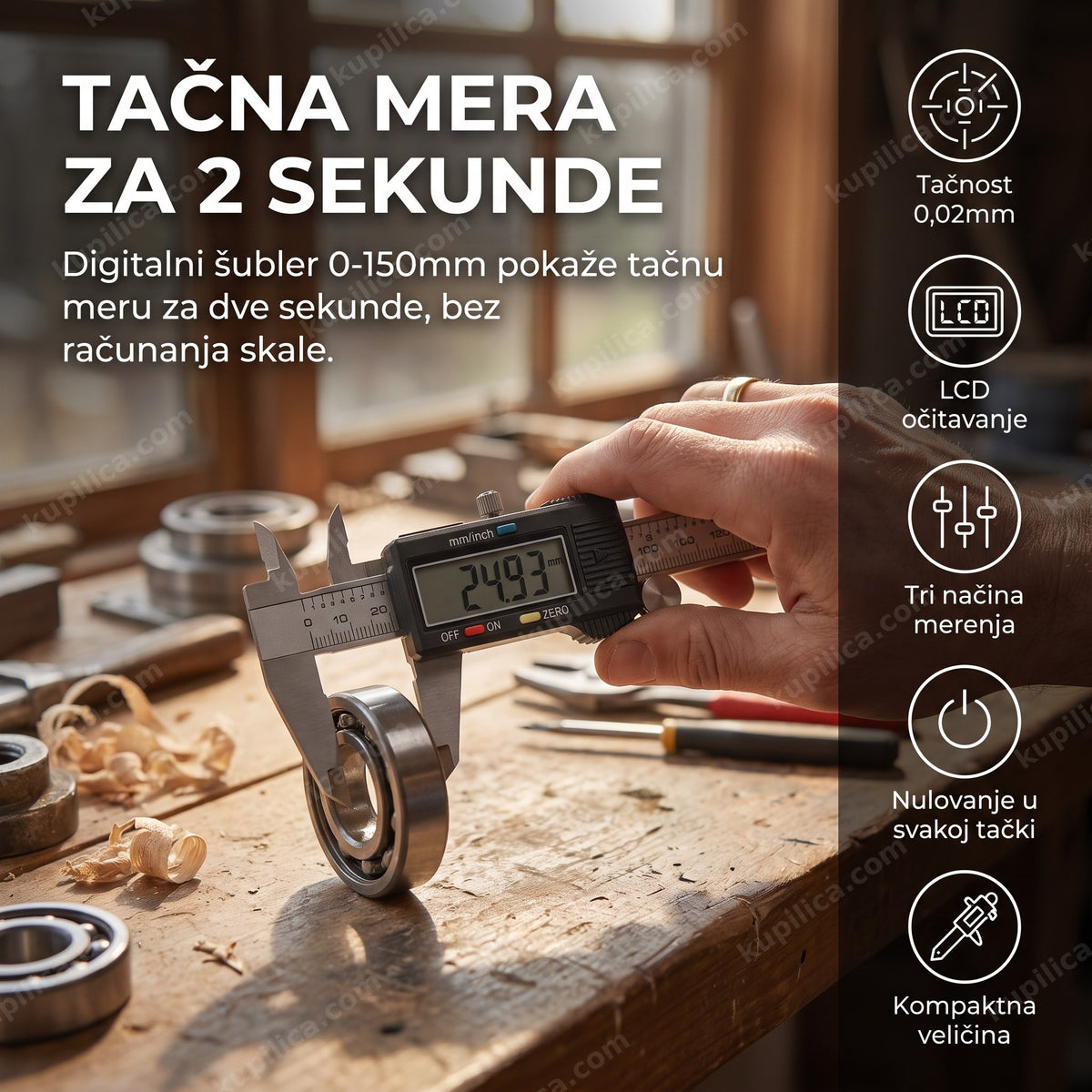digitalni šubler sa lcd ekranom meri metalni deo u radionici, prikaz benefiti proizvoda