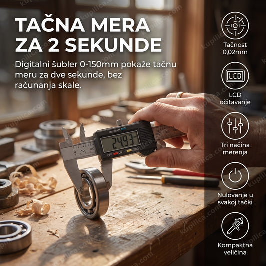 digitalni šubler sa lcd ekranom meri metalni deo u radionici, prikaz benefiti proizvoda