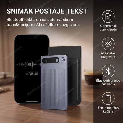 gunmetal diktafon sa bluetooth-om pored telefona sa prikazom transkripcije na stolu
