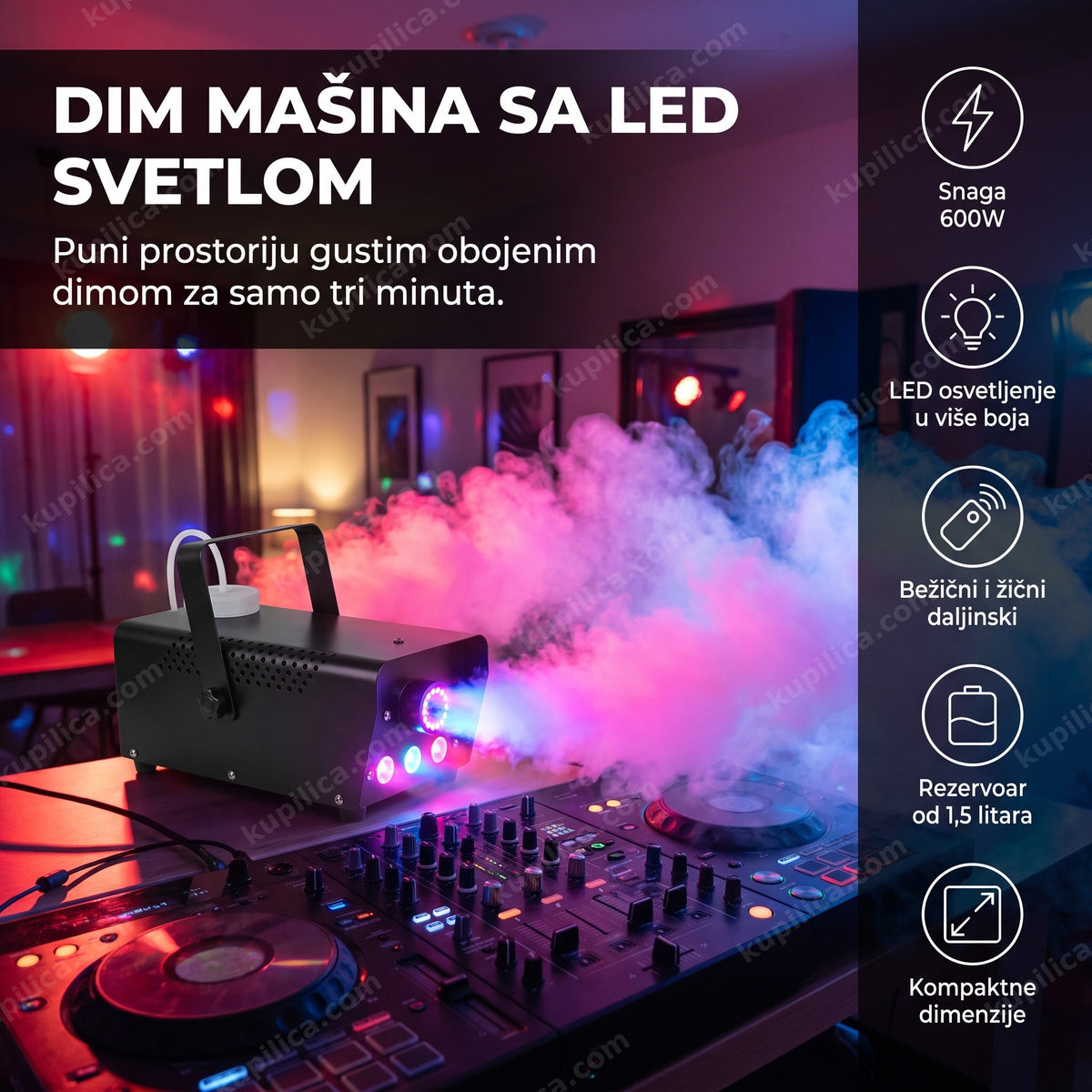 Dim mašina sa LED svetlom na DJ pultu na kućnoj žurki