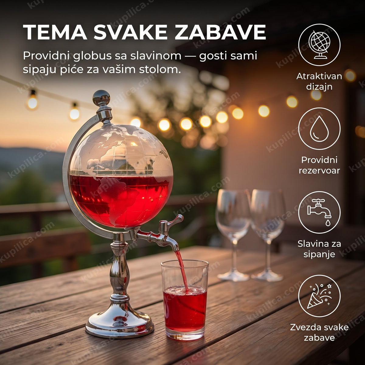 dispanzer pića globus na stolu za zabavu, sipanje pića iz slavine, benefiti proizvoda