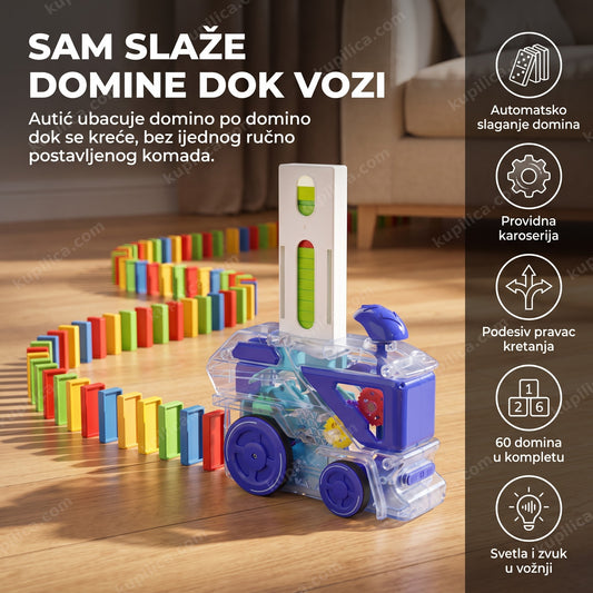 plavi domino vozić autić za automatsko slaganje domina na drvenom podu