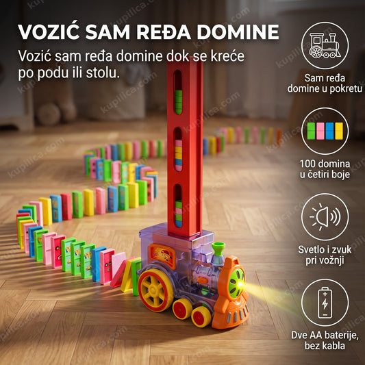 domino vozić za decu ređa šarenu stazu od domina na podu igraonice, benefiti proizvoda