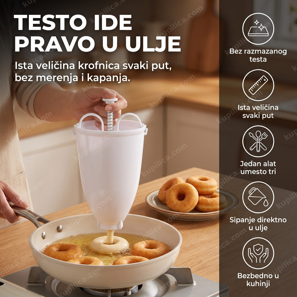 Beli dozer za krofne dozira testo u tiganj sa vrelim uljem