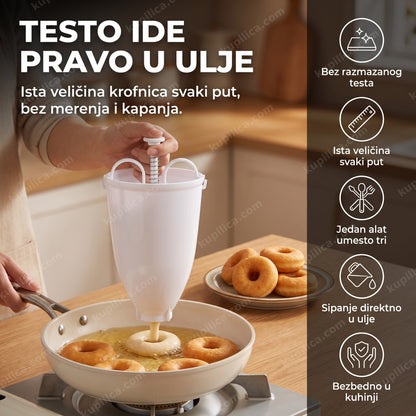 Beli dozer za krofne dozira testo u tiganj sa vrelim uljem