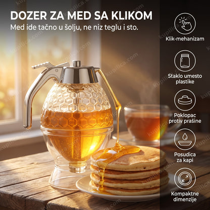 stakleni dozer za med curi na palačinke na stolu za doručak, benefiti proizvoda