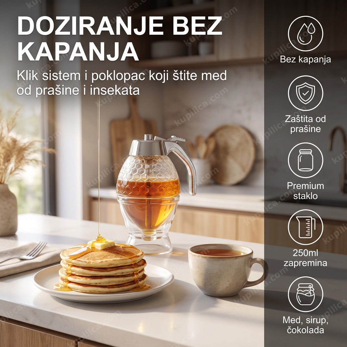 dozer za med sa klik sistemom — stakleni dozer sa medom na kuhinjskom pultu