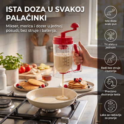 Crveni dozer za palačinke dozira testo na tiganj u kuhinji, benefiti proizvoda