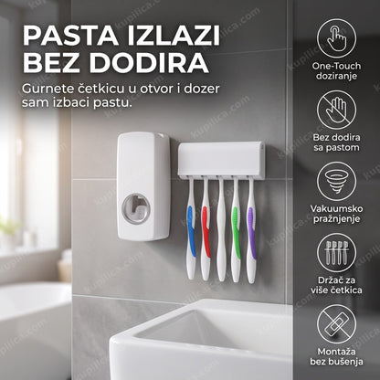 automatski dozer za pastu za zube pričvršćen na zidnu pločicu u kupatilu