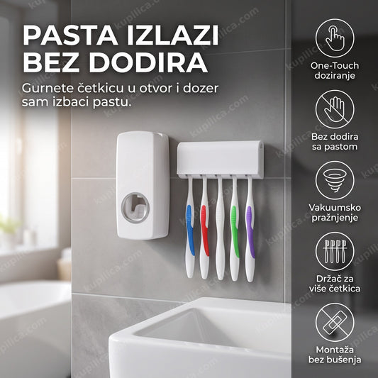 automatski dozer za pastu za zube pričvršćen na zidnu pločicu u kupatilu