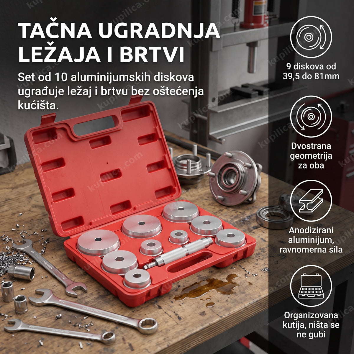 set aluminijumskih drajvera za ugradnju ležaja pored radioničke prese, benefiti proizvoda