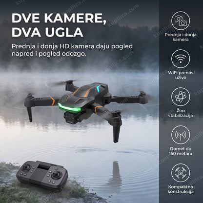 Dron A88 sa dve kamere leti nisko iznad jezera u jutarnjoj magli, benefiti proizvoda