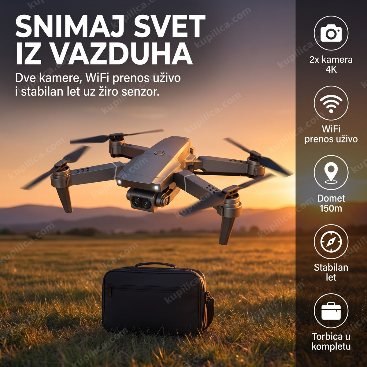 dron E68 sa dve kamere u letu iznad livade