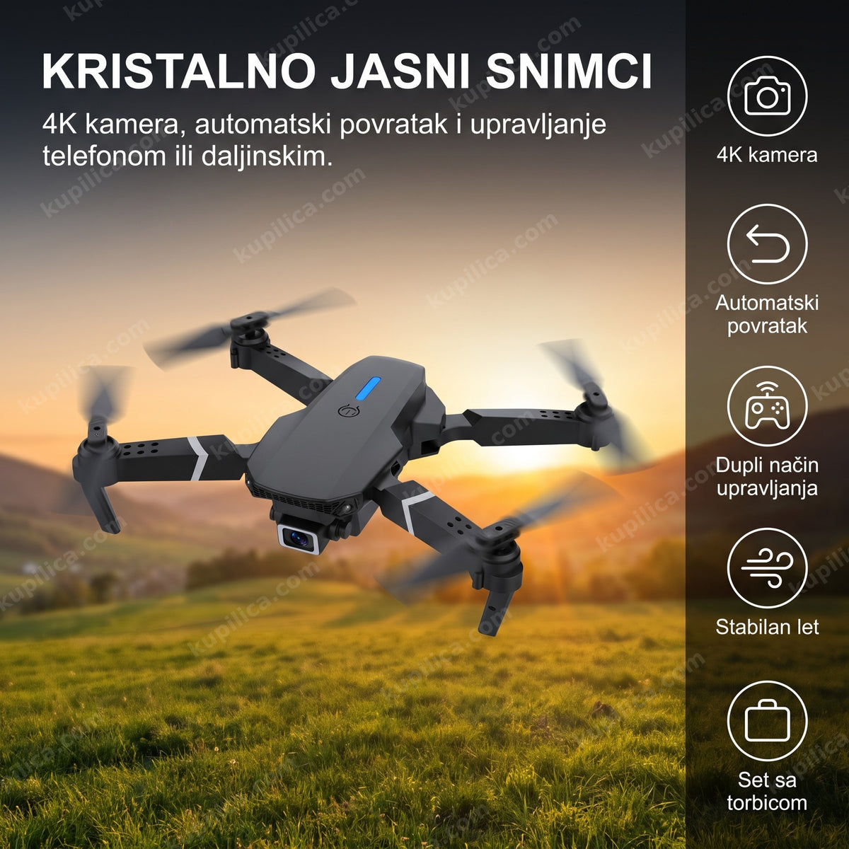 dron E88 Pro sa 4K kamerom — leti iznad livade sa kamerom uključenom
