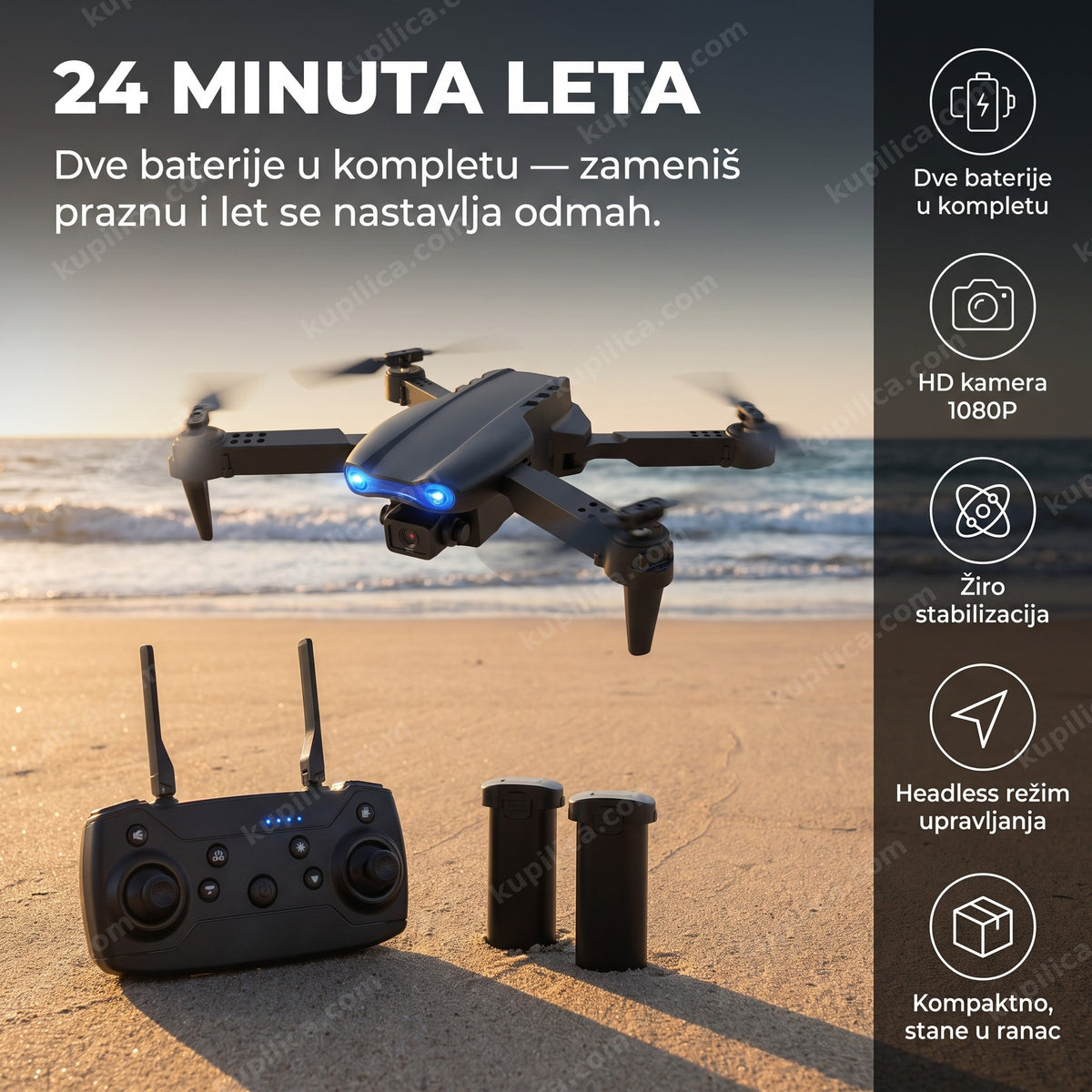 Dron E99 Pro sa dve baterije leti iznad plaže, benefiti proizvoda