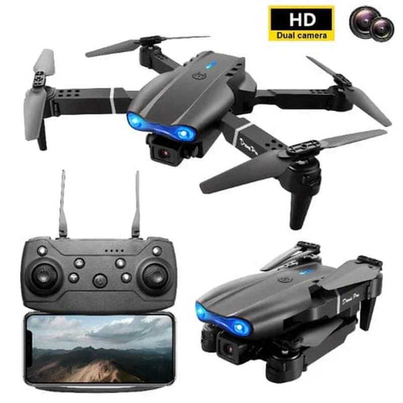 dron E99 Pro sa 2 baterije sklopljen, sa oznakom HD dual camera
