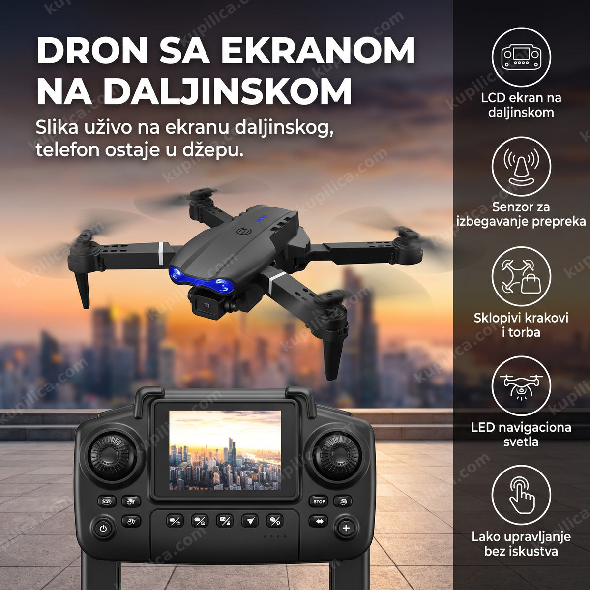 Crni dron sa ekranom na daljinskom upravljaču na krovu u sumrak, benefiti proizvoda